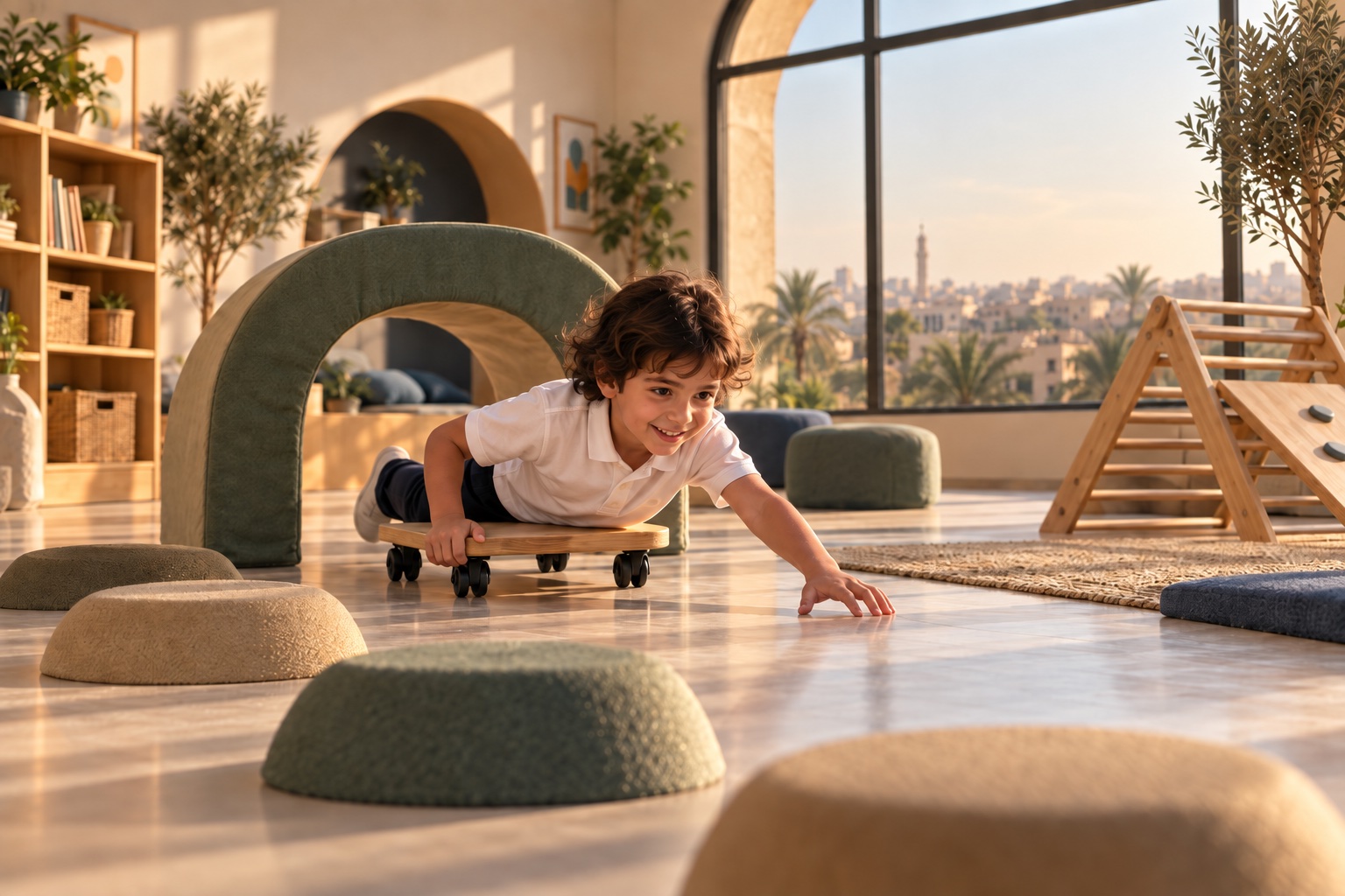 Child exploring a sunlit play space on a scooter board
