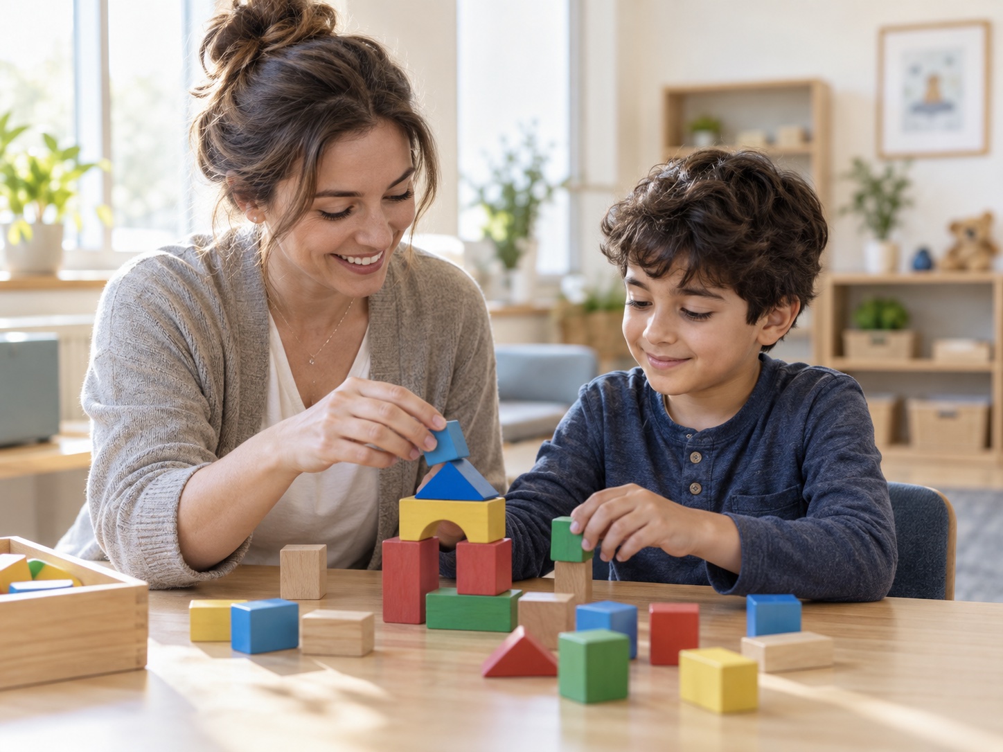 Child and therapist building with colorful wooden blocks